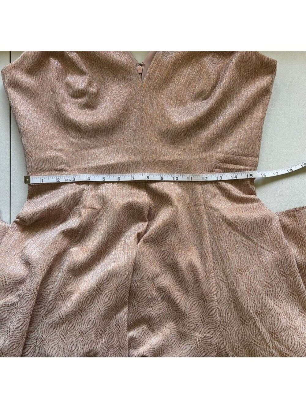 Rose Gold Metallic Cocktail Dress Backless Fit & Flare Wedding Guest Glam - Picture 9 of 9